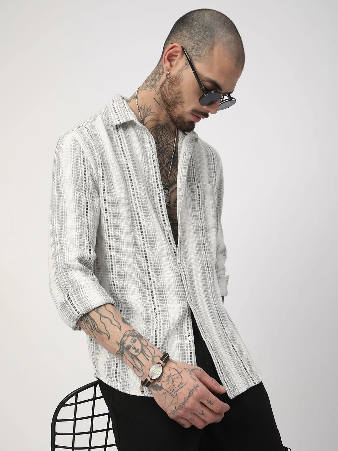 Grey Interweave Broad Striped Shirt - Image 4