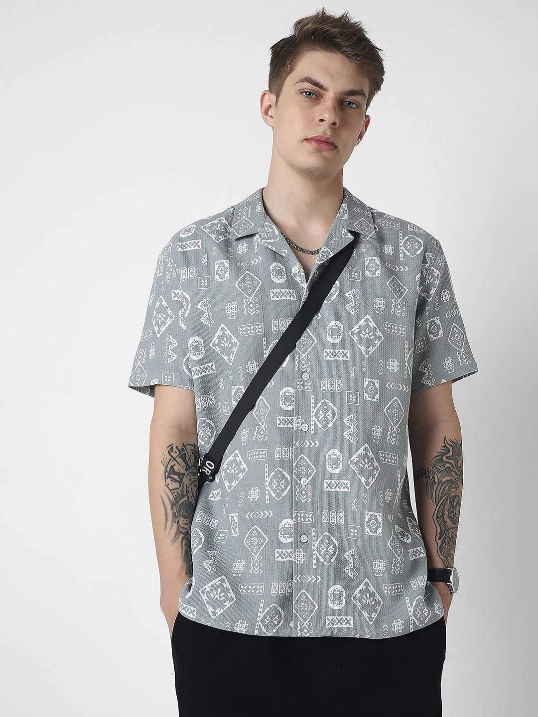 Grey Intricate Printed Oversized Shirt - Image 4