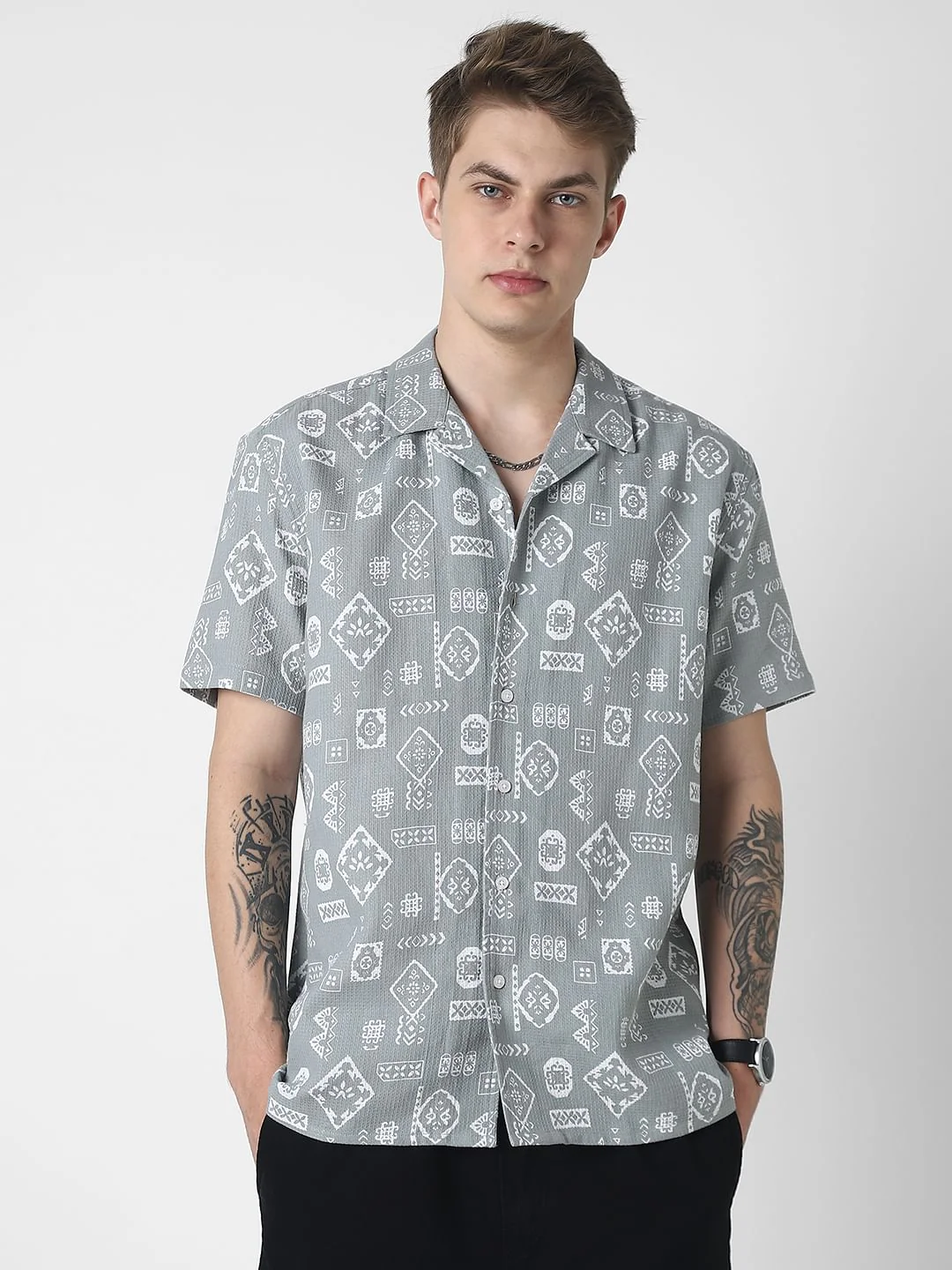 Grey Intricate Printed Oversized Shirt - Image 5