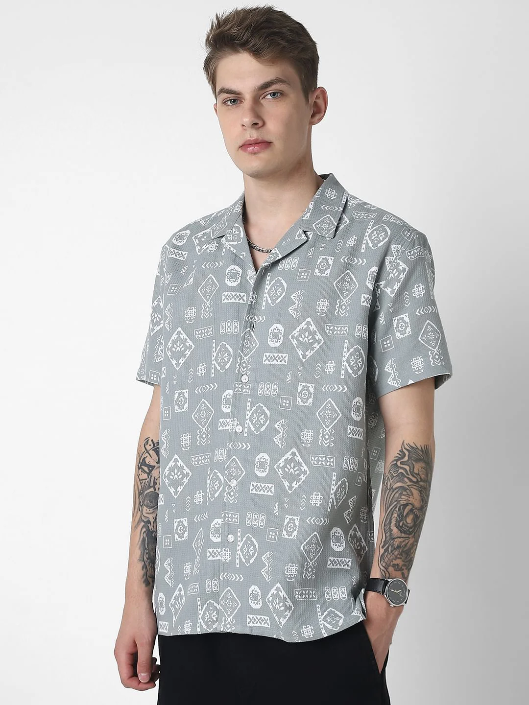 Grey Intricate Printed Oversized Shirt - Image 6