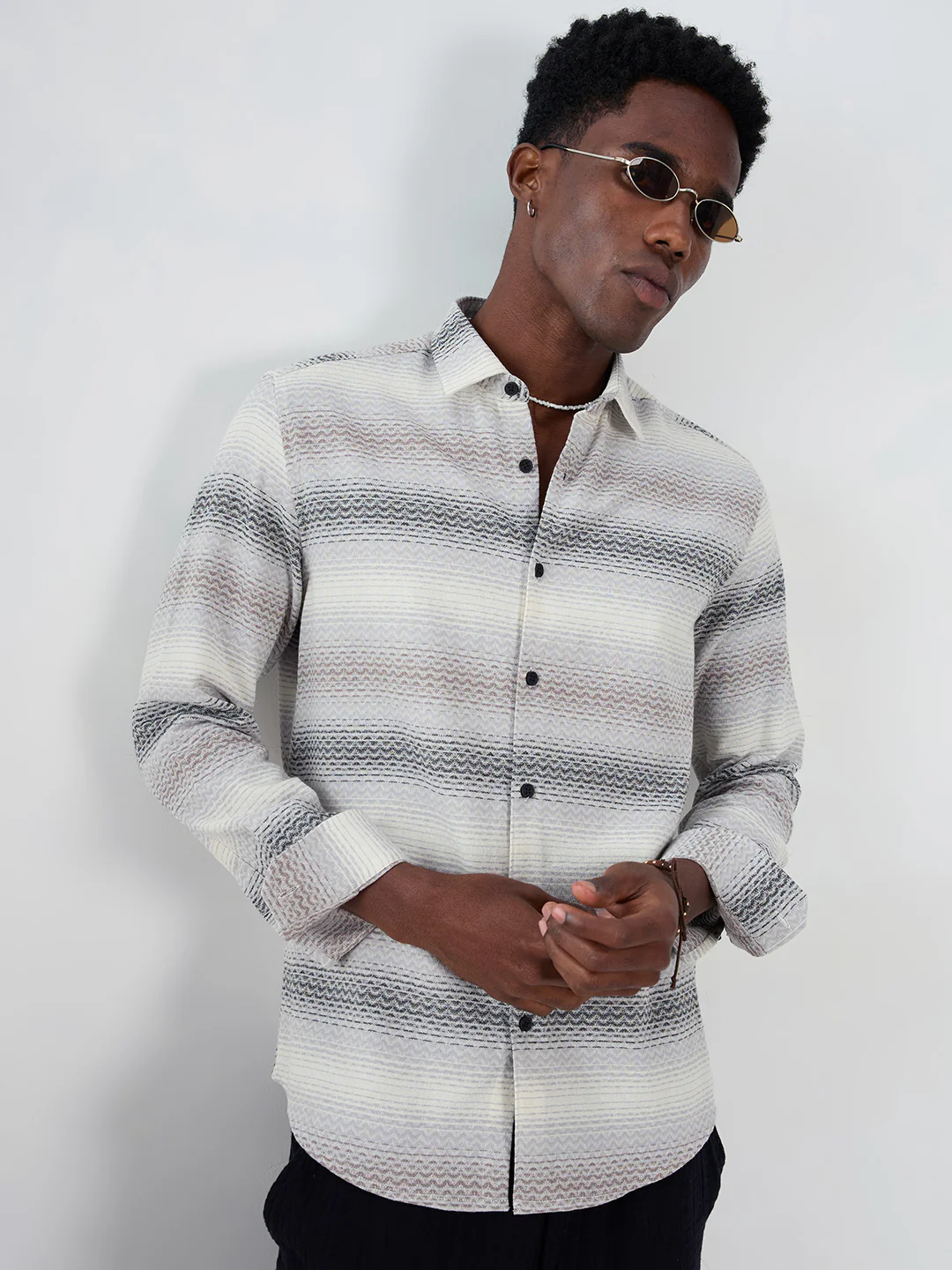 Grey Jacquard Wave Pattern Striped Shirt - Image 2