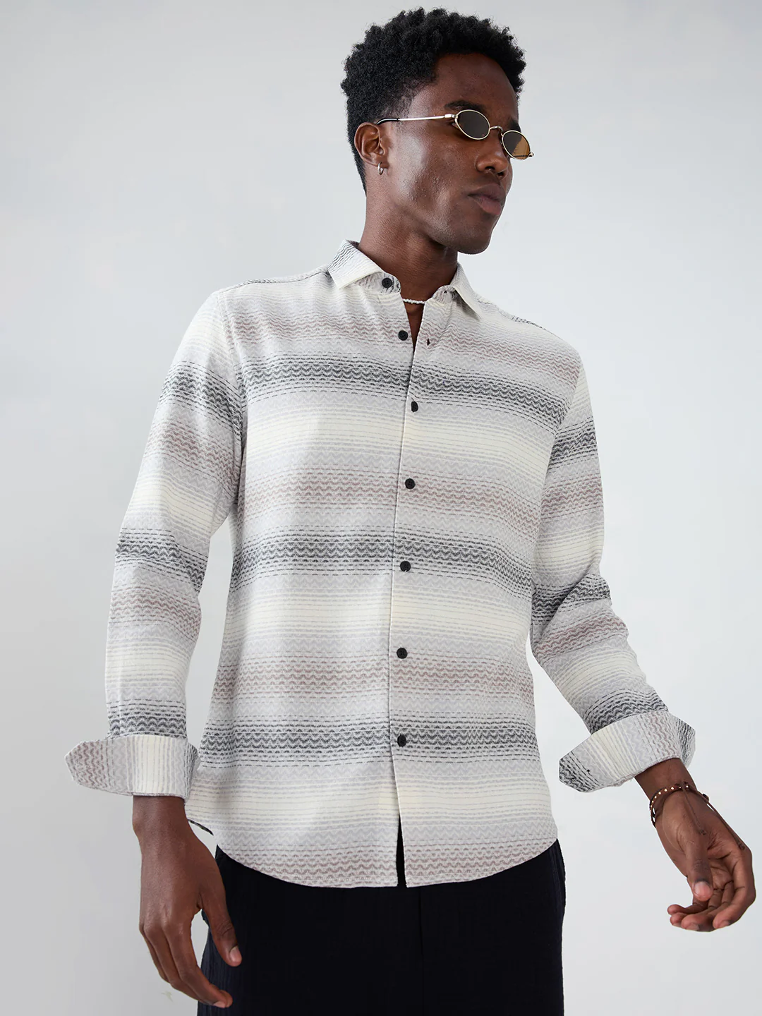 Grey Jacquard Wave Pattern Striped Shirt - Image 4
