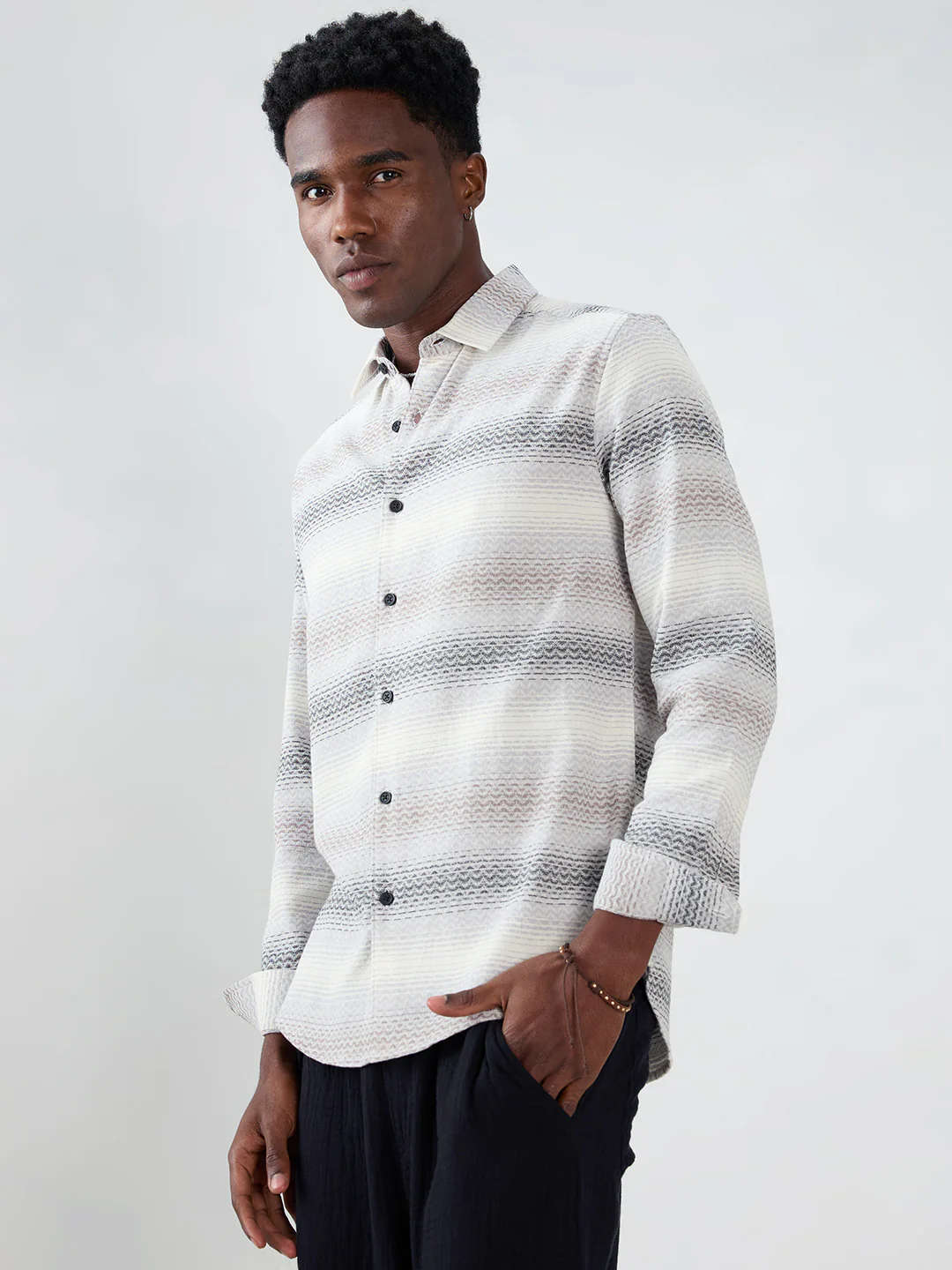 Grey Jacquard Wave Pattern Striped Shirt - Image 5