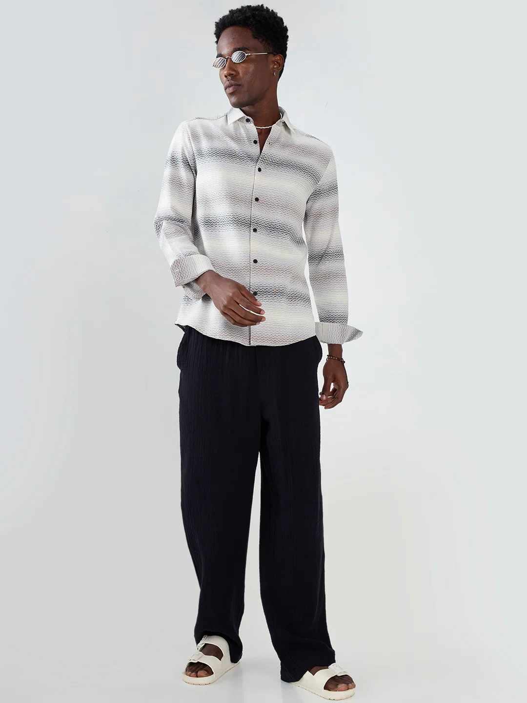 Grey Jacquard Wave Pattern Striped Shirt - Image 7