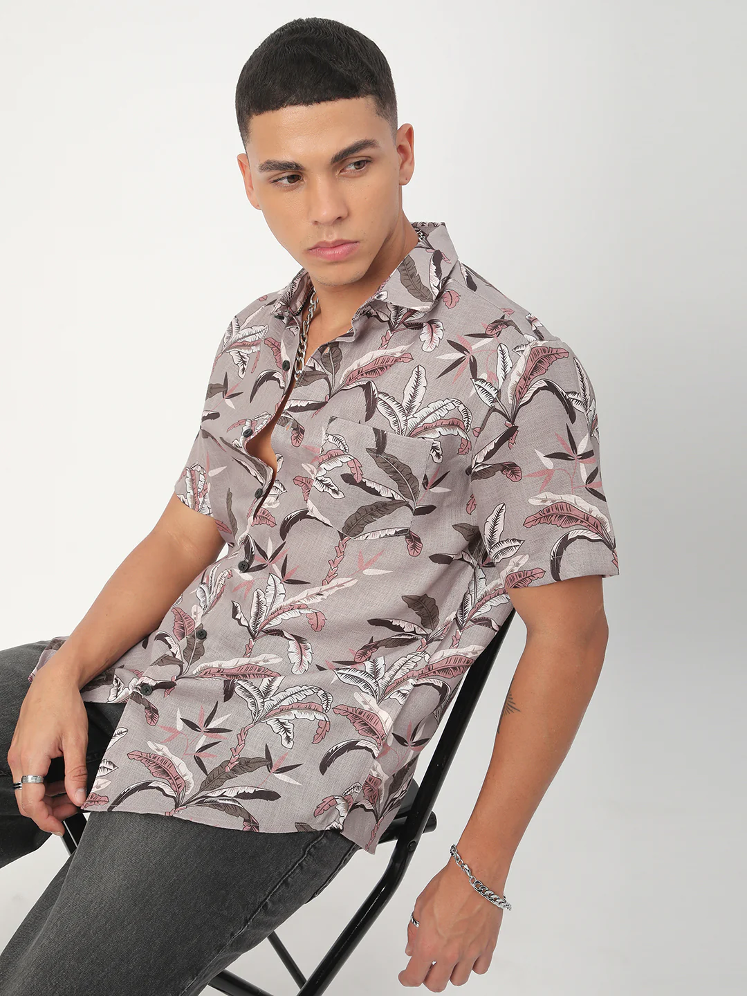 Grey Leaf Printed Shirt - Image 4
