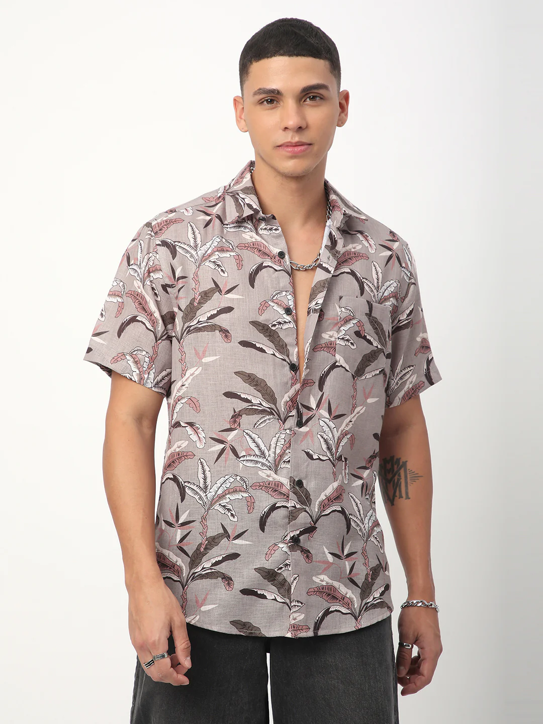 Grey Leaf Printed Shirt - Image 5