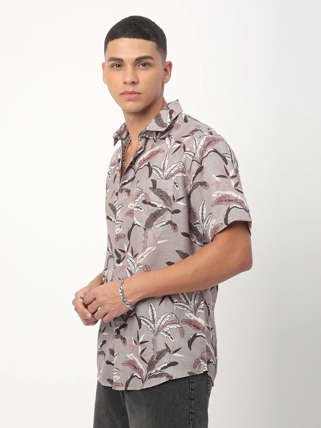 Grey Leaf Printed Shirt - Image 6