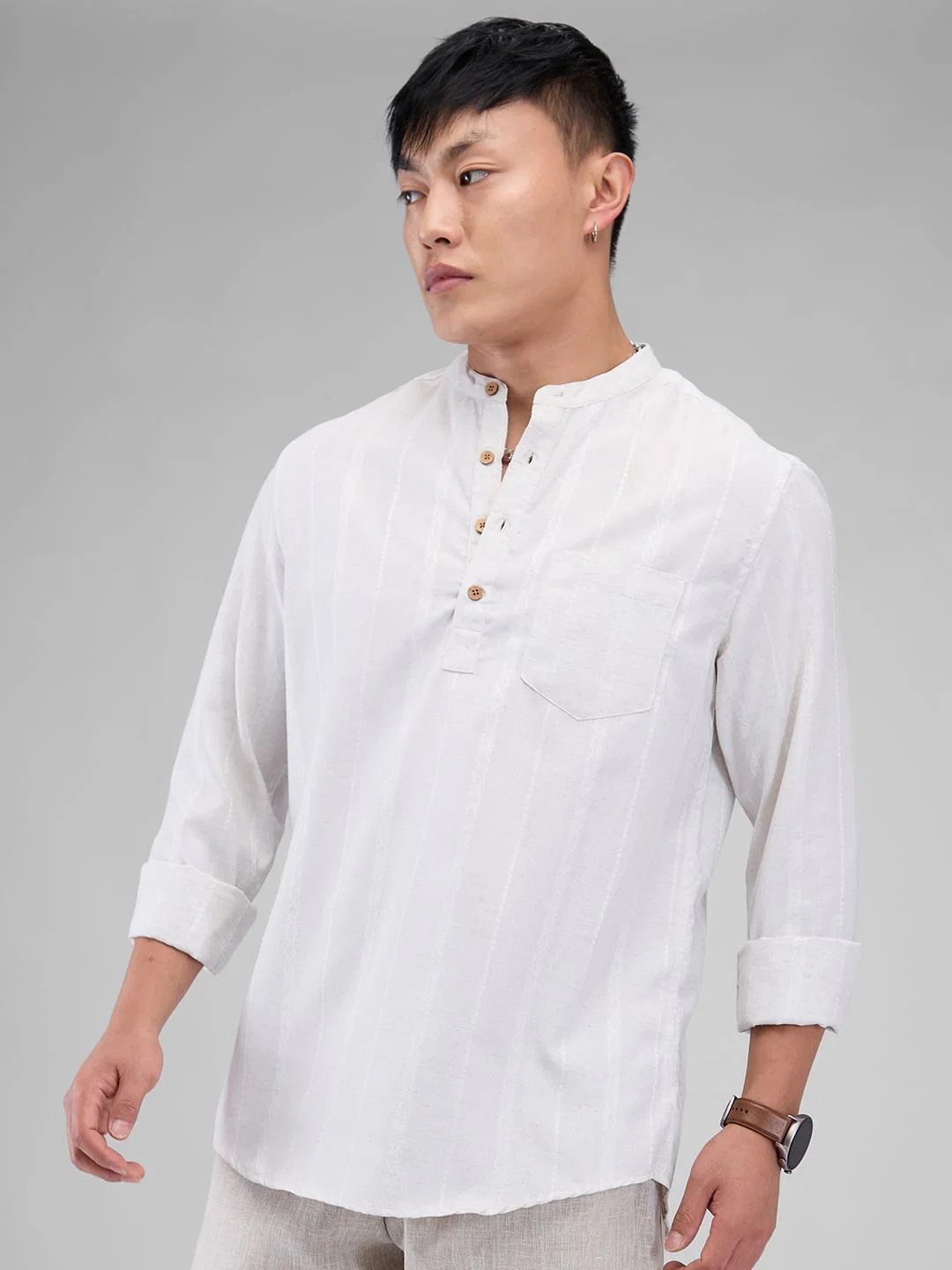 Grey Melange Dobby Striped Kurta - Image 5