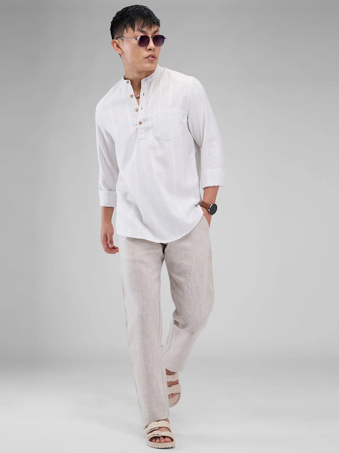Grey Melange Dobby Striped Kurta - Image 7