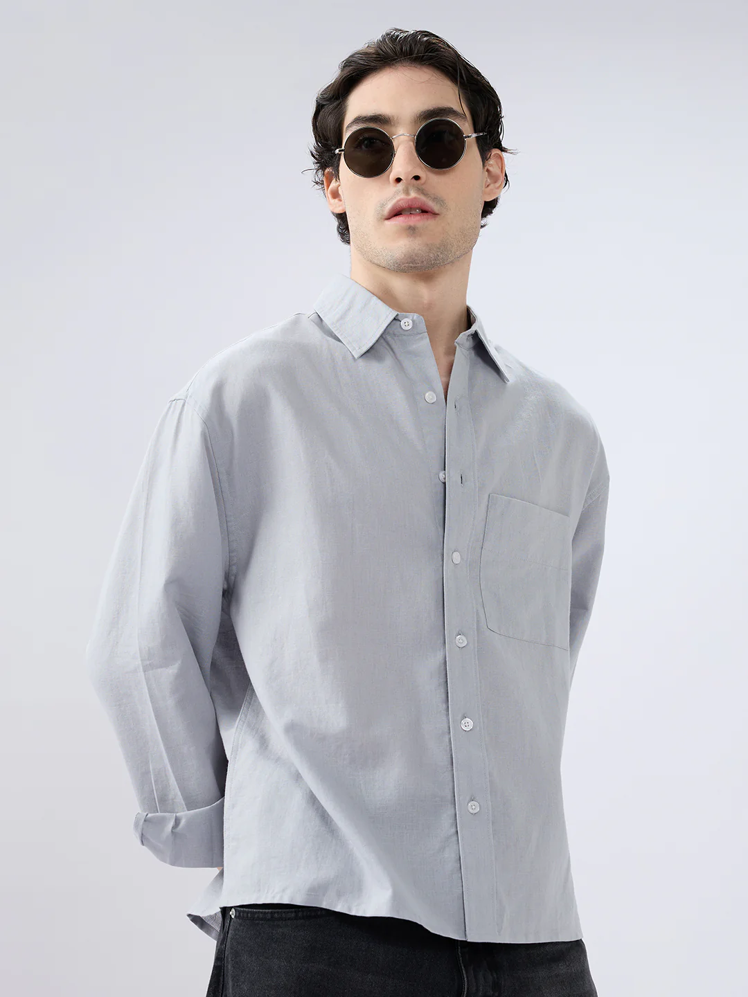 Grey Mood Subtle Slub Linen Boxy Fit Crop Shirt - Image 2