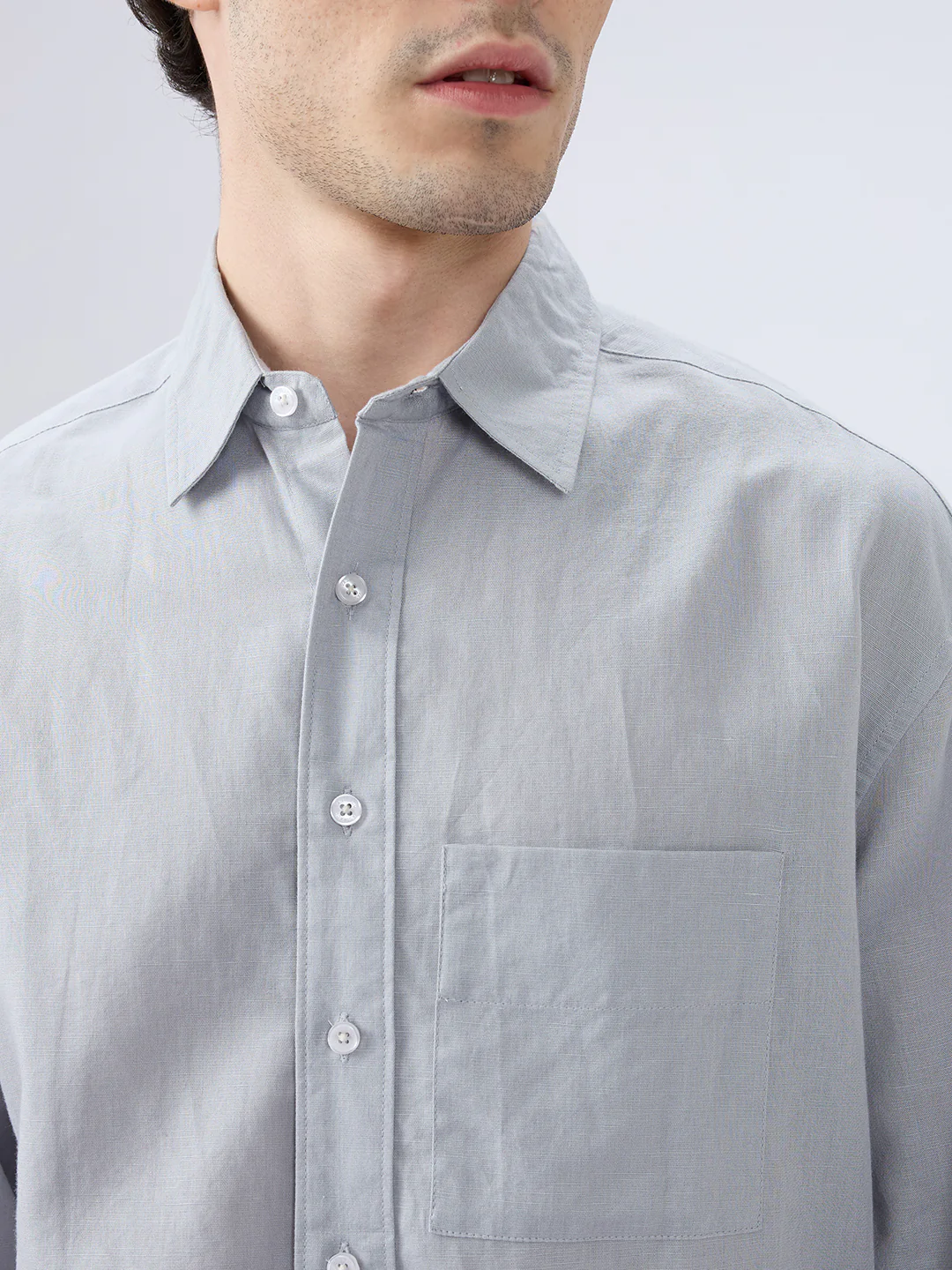 Grey Mood Subtle Slub Linen Boxy Fit Crop Shirt - Image 3