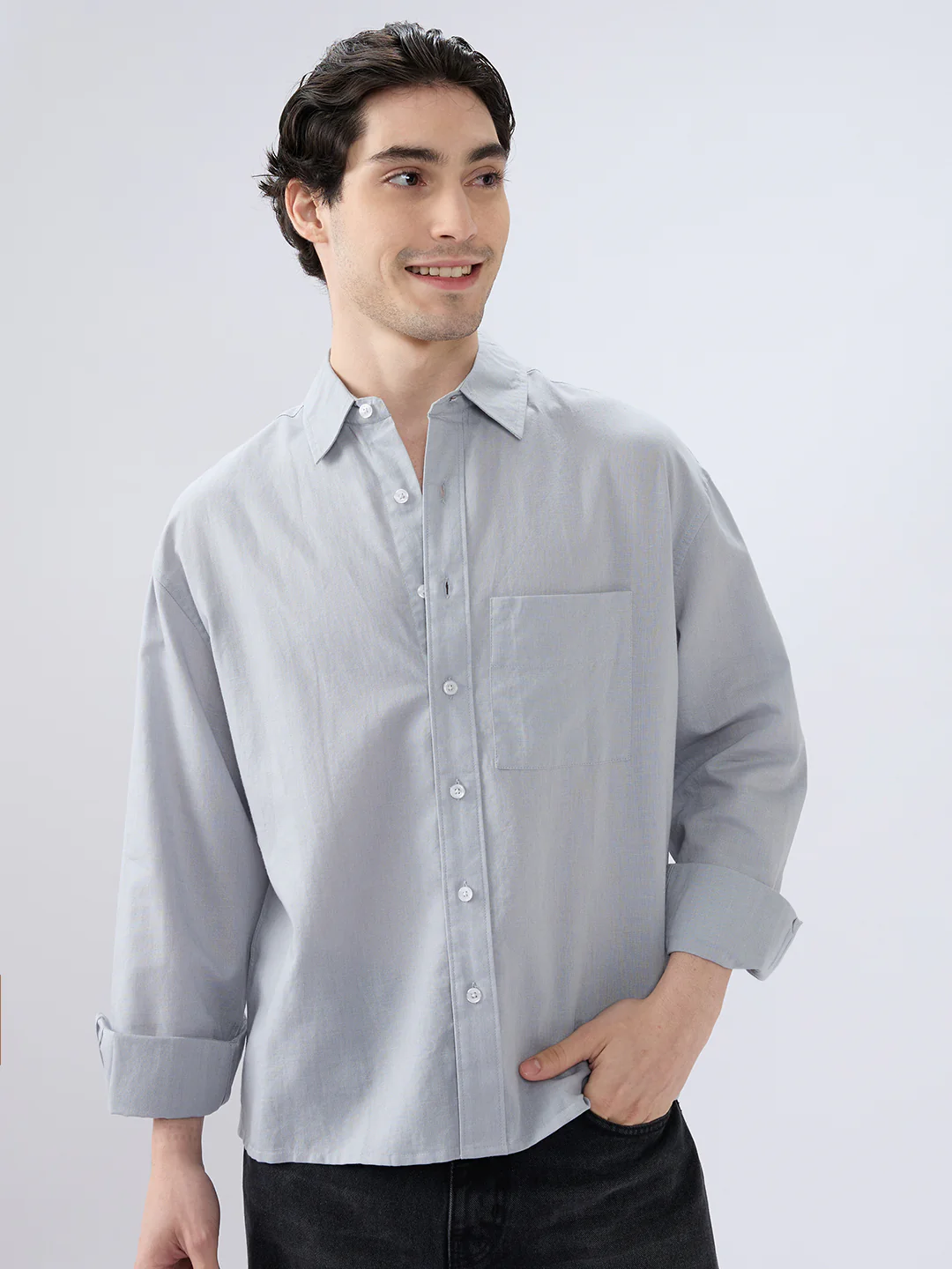 Grey Mood Subtle Slub Linen Boxy Fit Crop Shirt - Image 4
