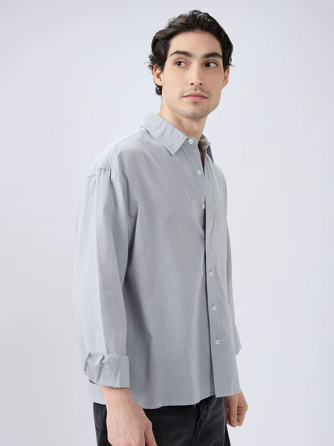 Grey Mood Subtle Slub Linen Boxy Fit Crop Shirt - Image 5