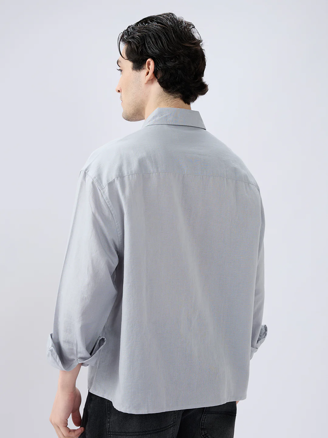 Grey Mood Subtle Slub Linen Boxy Fit Crop Shirt - Image 6