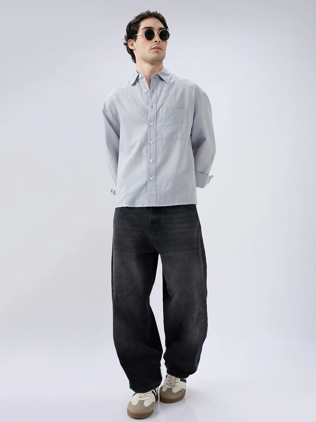 Grey Mood Subtle Slub Linen Boxy Fit Crop Shirt - Image 7
