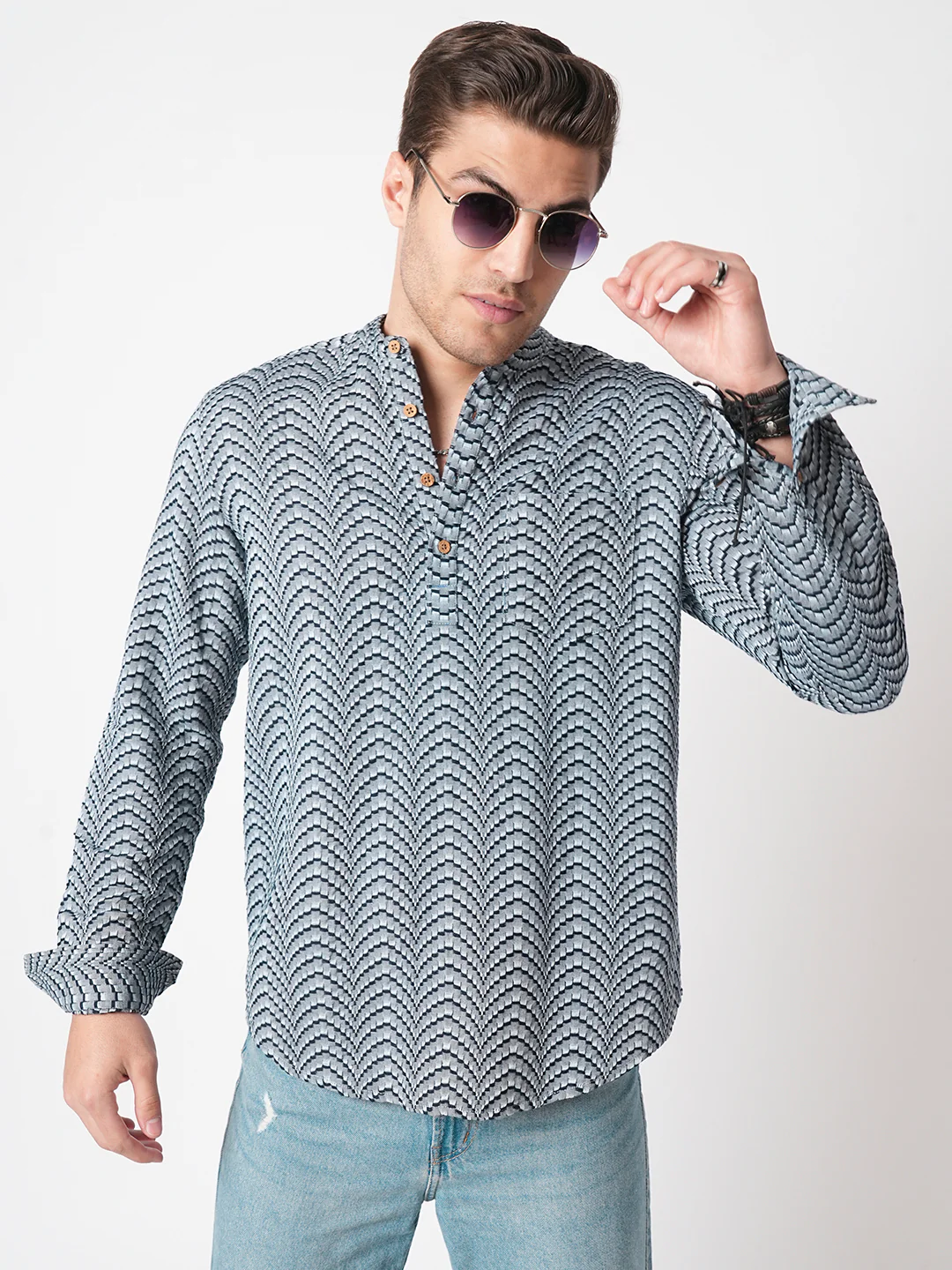 Grey & Navy Jacquard Weaved Kurta - Image 4