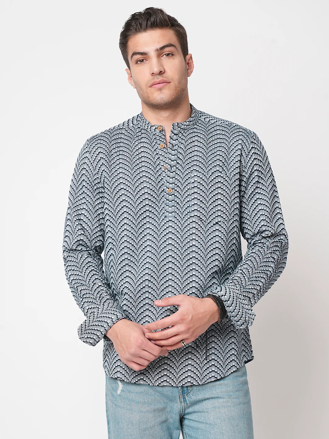 Grey & Navy Jacquard Weaved Kurta - Image 5