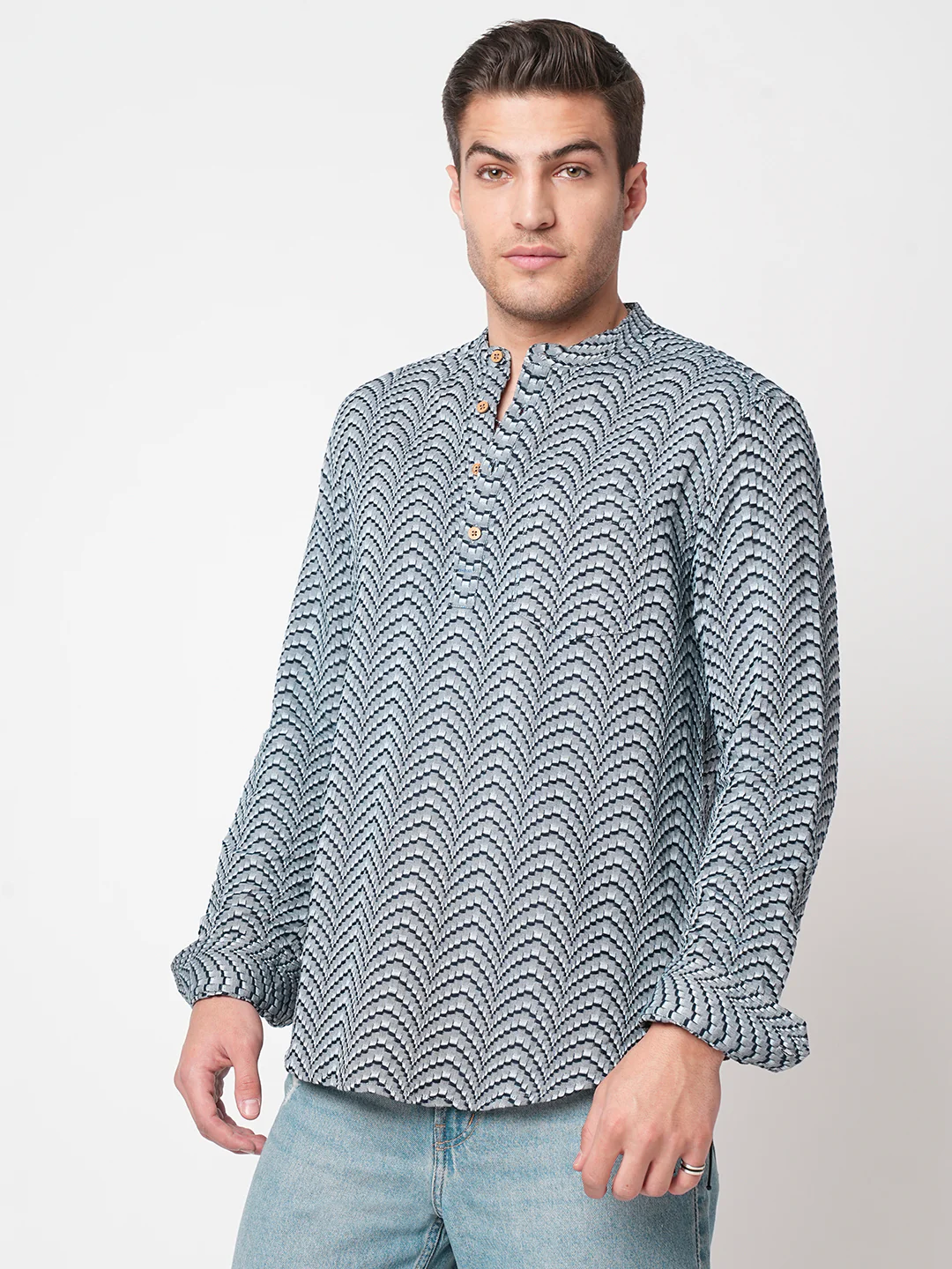Grey & Navy Jacquard Weaved Kurta - Image 6