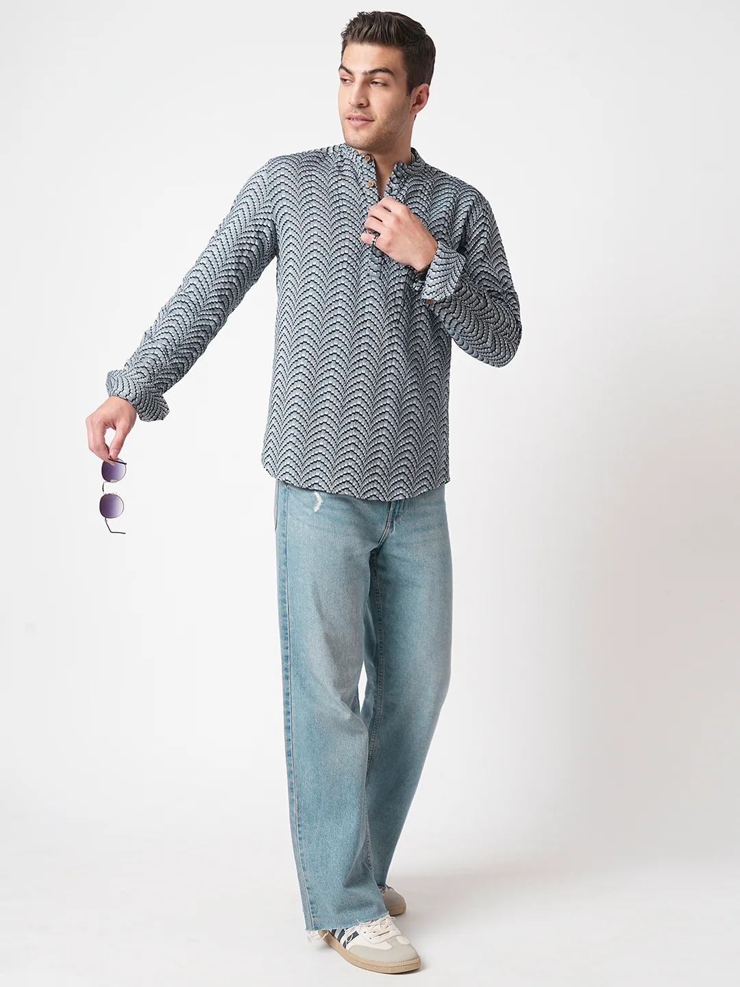 Grey & Navy Jacquard Weaved Kurta - Image 8
