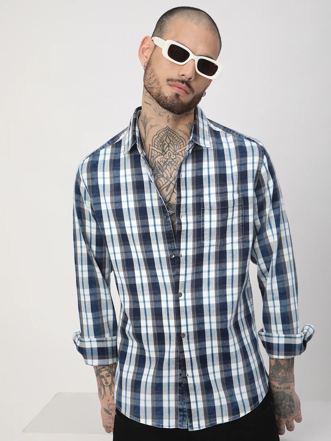 Denim Grey & Navy Plaid Checks Shirt - Image 2