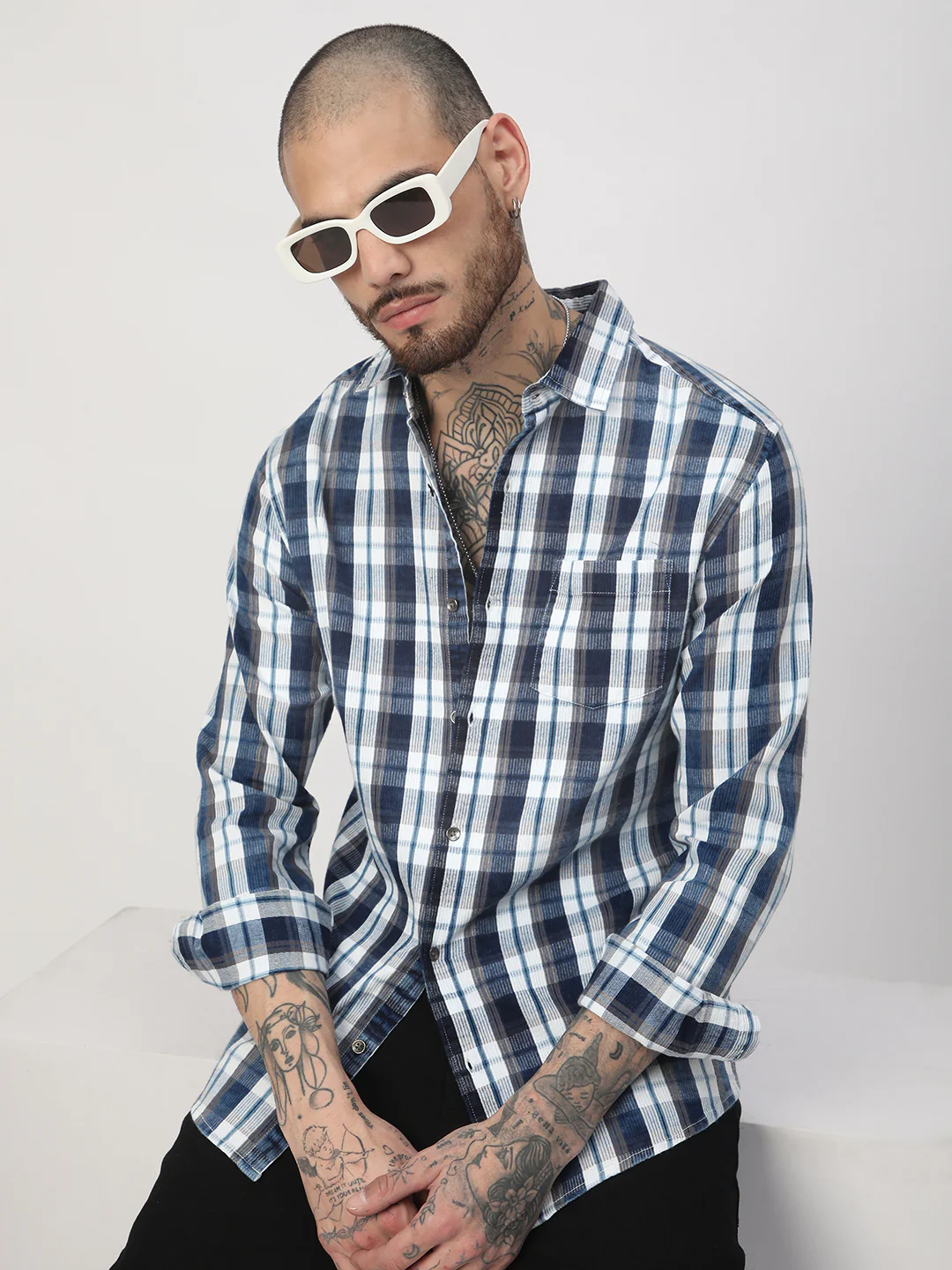 Denim Grey & Navy Plaid Checks Shirt - Image 4