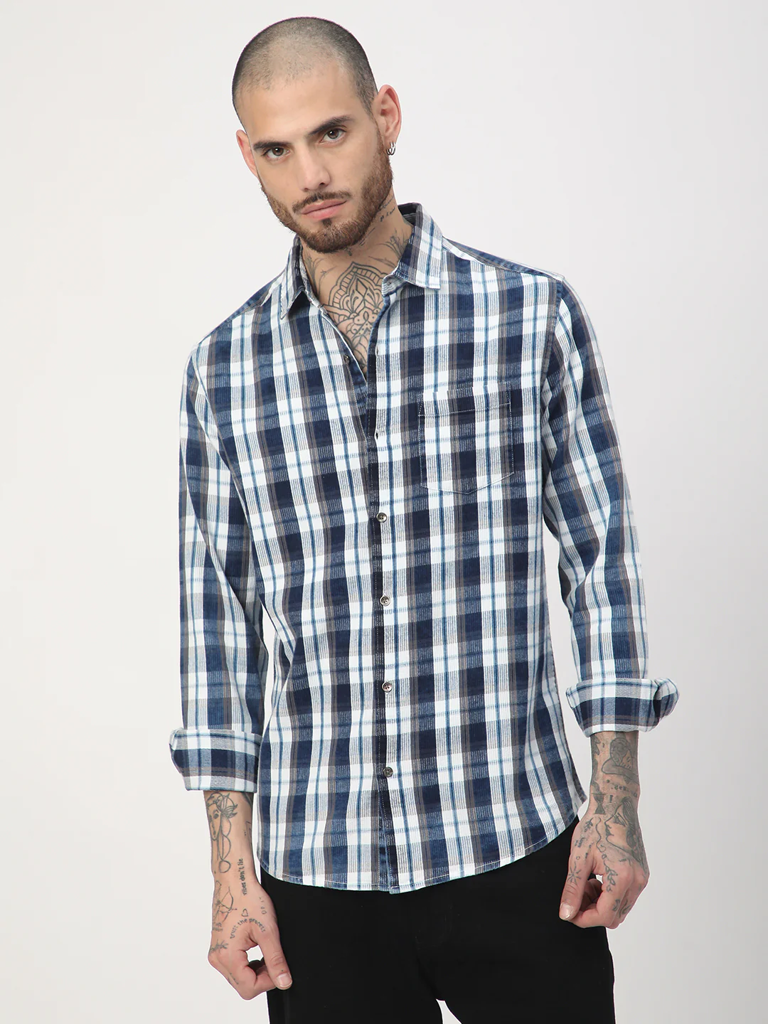 Denim Grey & Navy Plaid Checks Shirt - Image 5