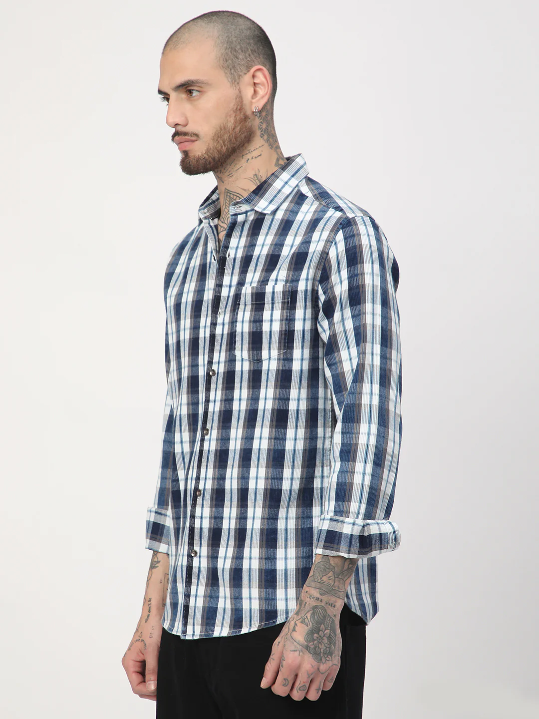 Denim Grey & Navy Plaid Checks Shirt - Image 6