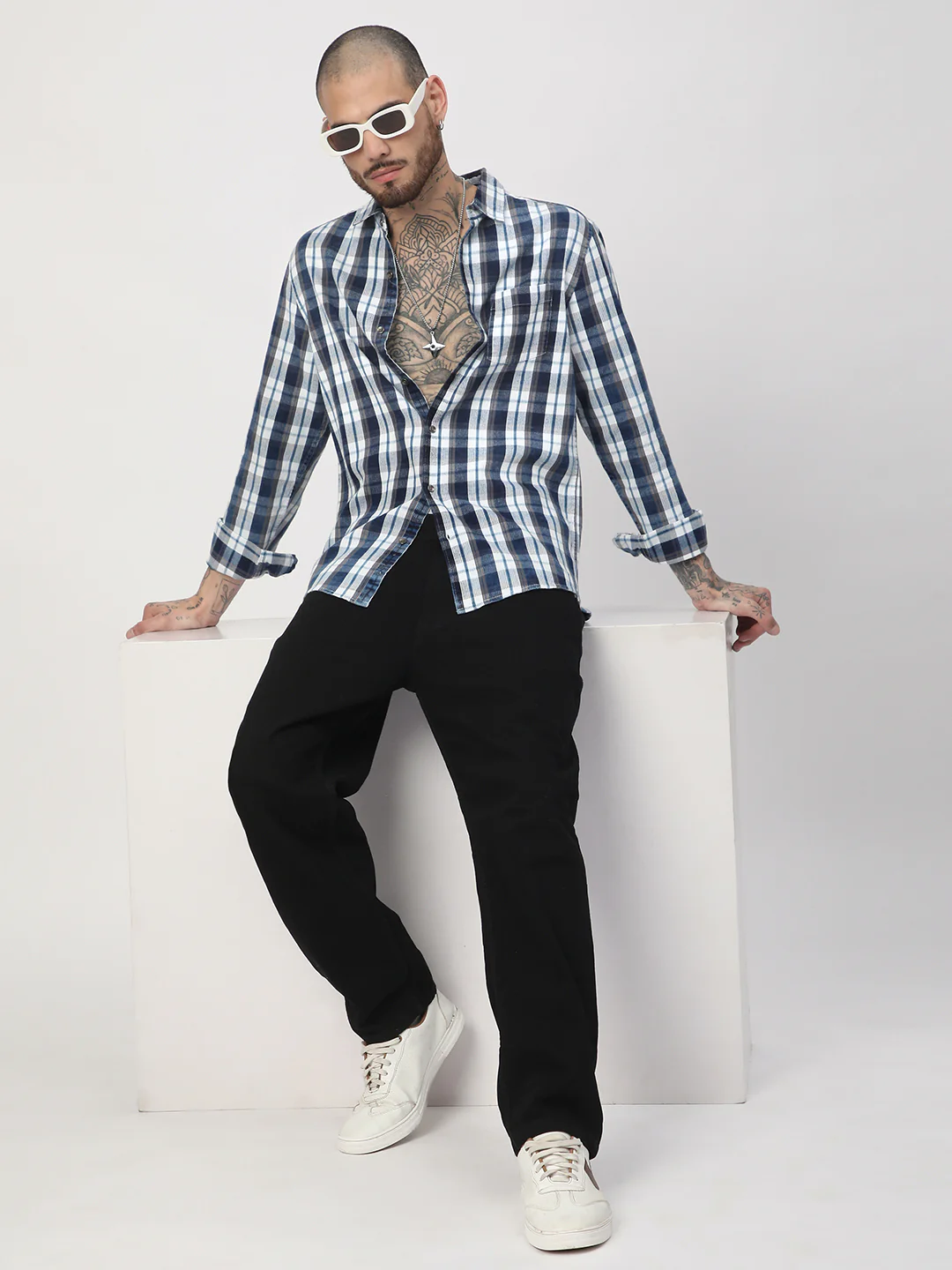 Denim Grey & Navy Plaid Checks Shirt - Image 8