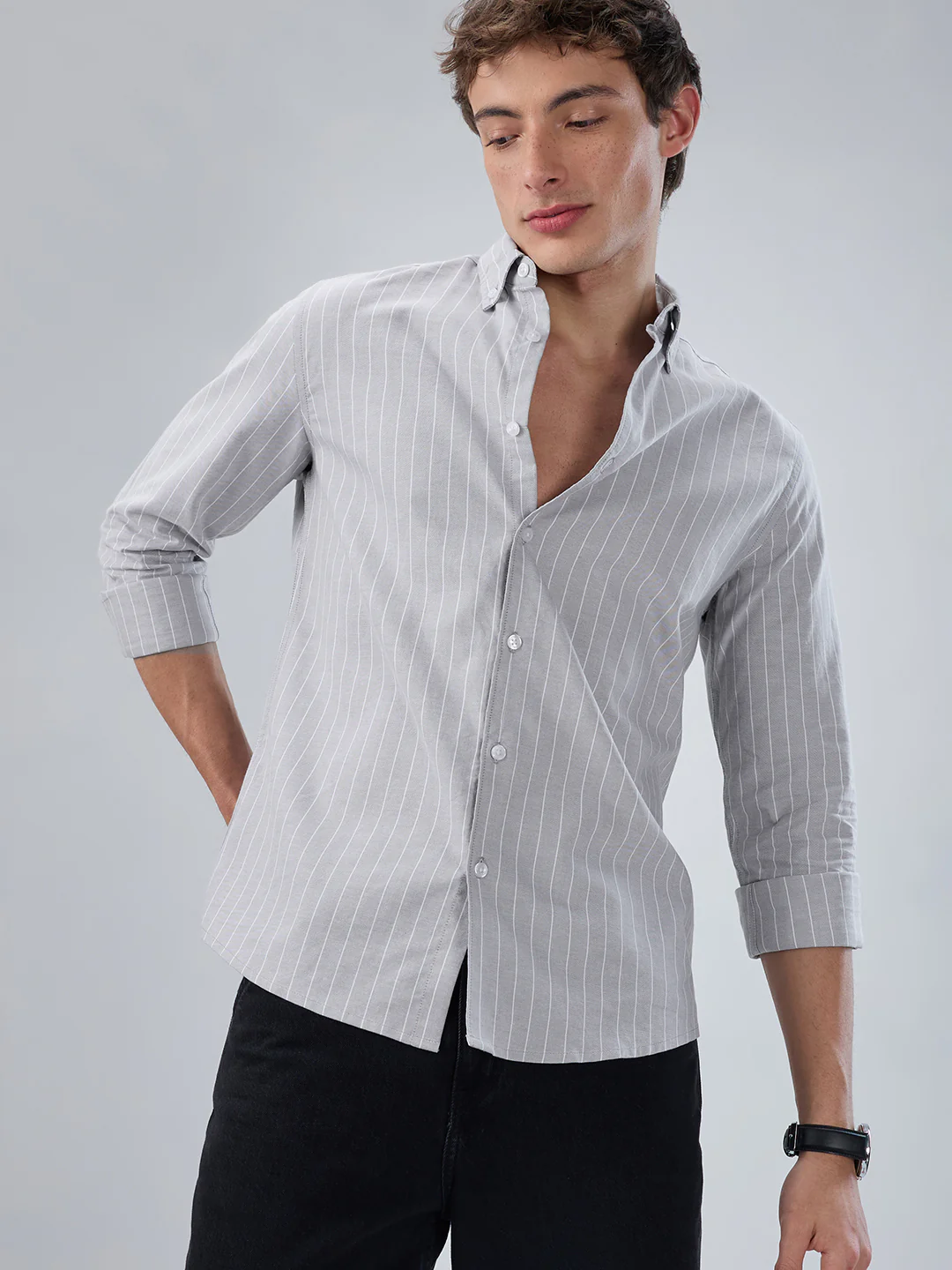 Grey Pin Stripe Button Down Collar Shirt - Image 2