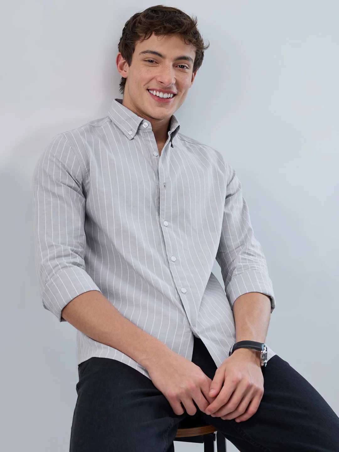 Grey Pin Stripe Button Down Collar Shirt - Image 4