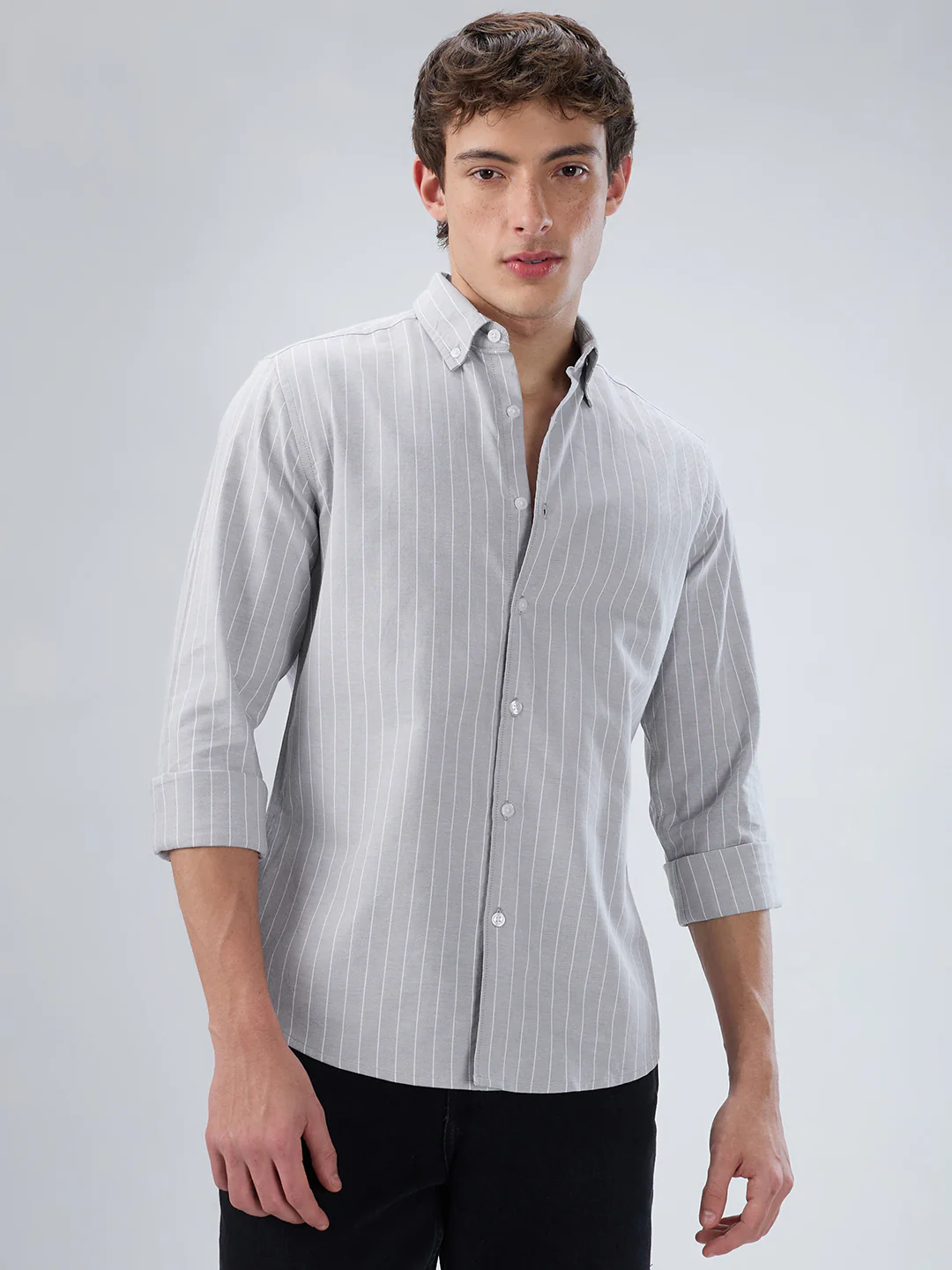 Grey Pin Stripe Button Down Collar Shirt - Image 5