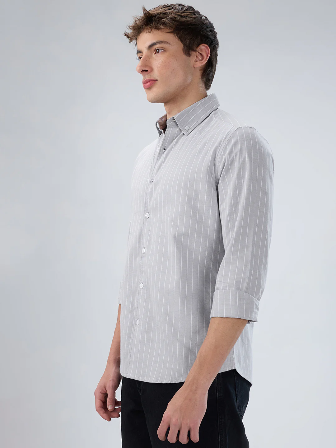 Grey Pin Stripe Button Down Collar Shirt - Image 6