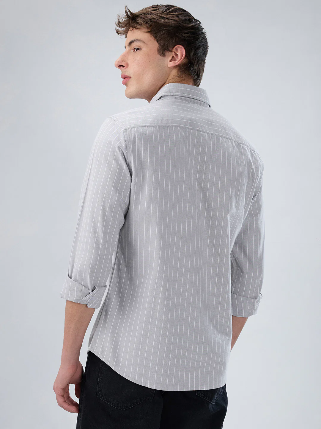 Grey Pin Stripe Button Down Collar Shirt - Image 7