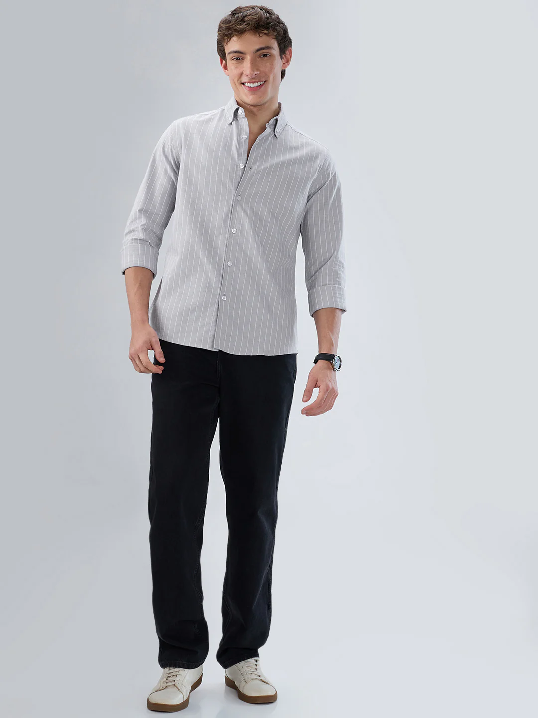 Grey Pin Stripe Button Down Collar Shirt - Image 8