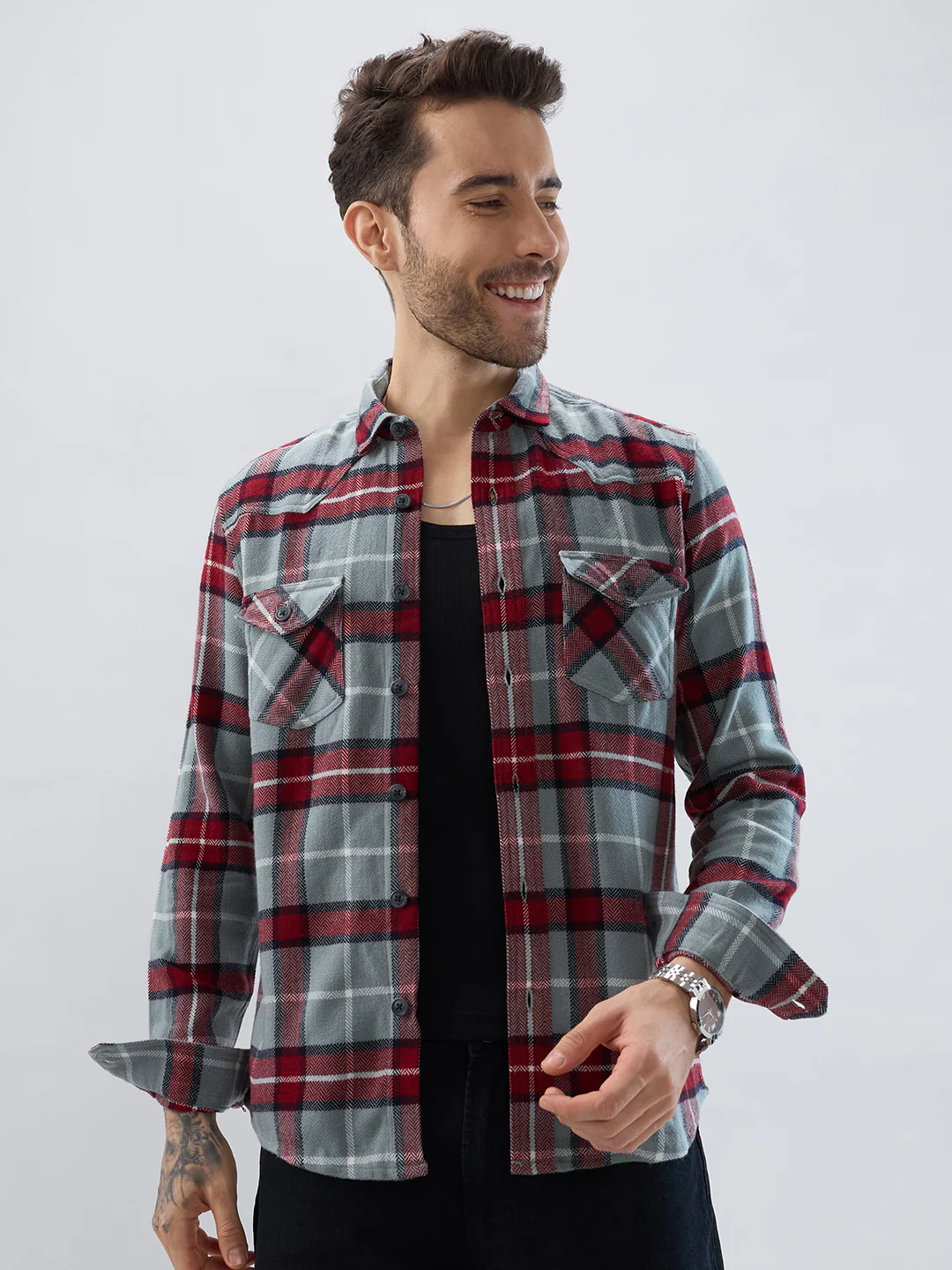 Grey & Red Tartan Checked Double Pocket Flannel - Image 2