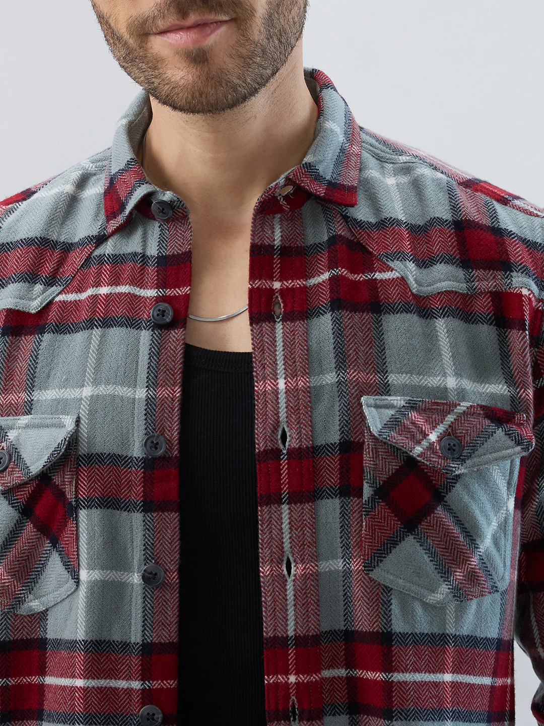 Grey & Red Tartan Checked Double Pocket Flannel - Image 3