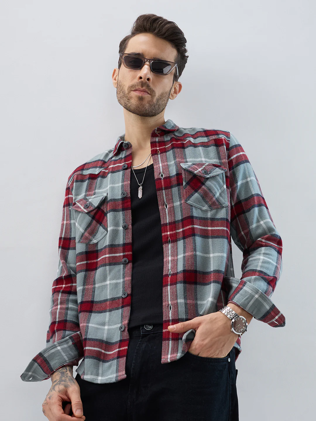 Grey & Red Tartan Checked Double Pocket Flannel - Image 4