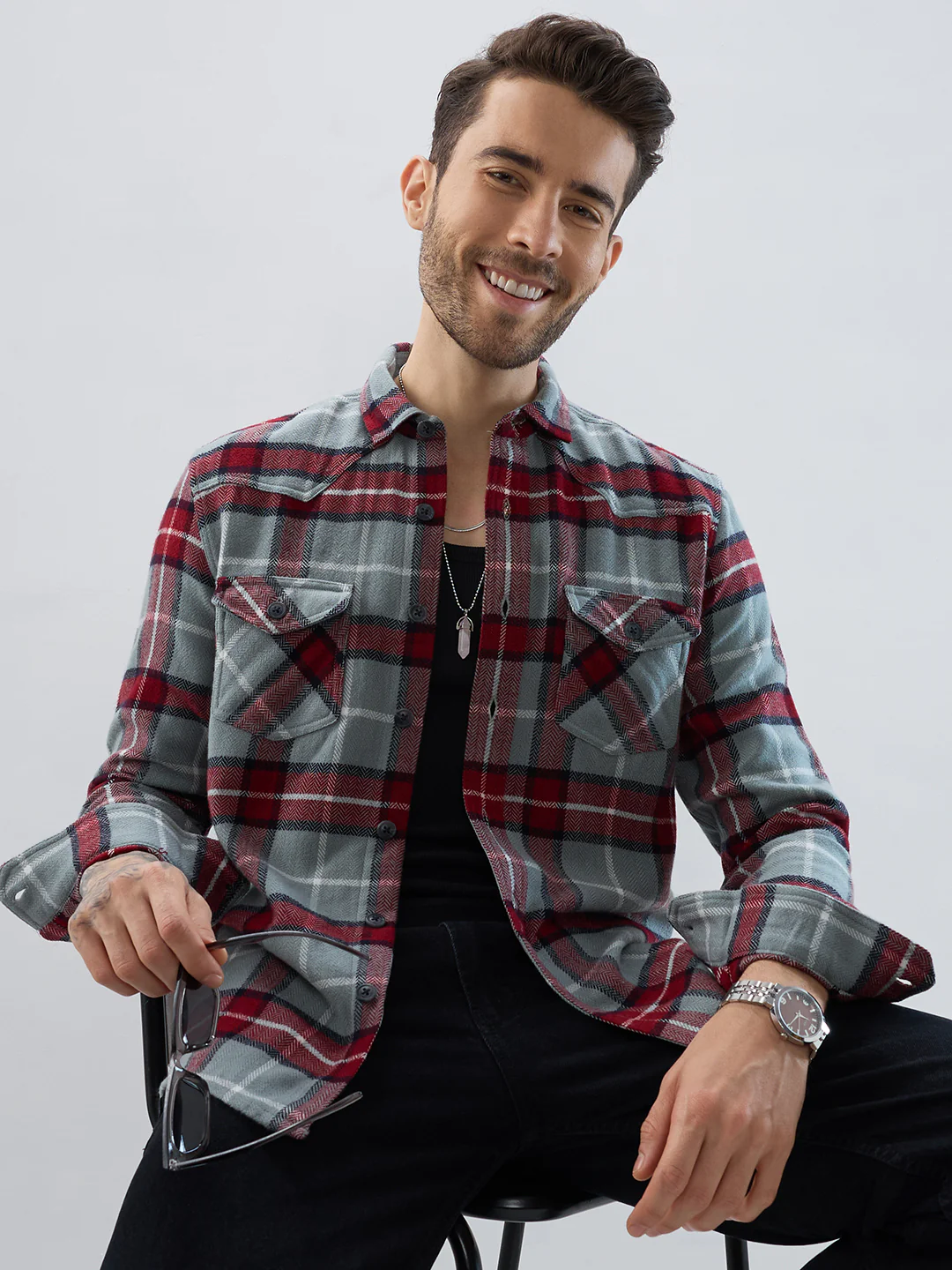 Grey & Red Tartan Checked Double Pocket Flannel - Image 5