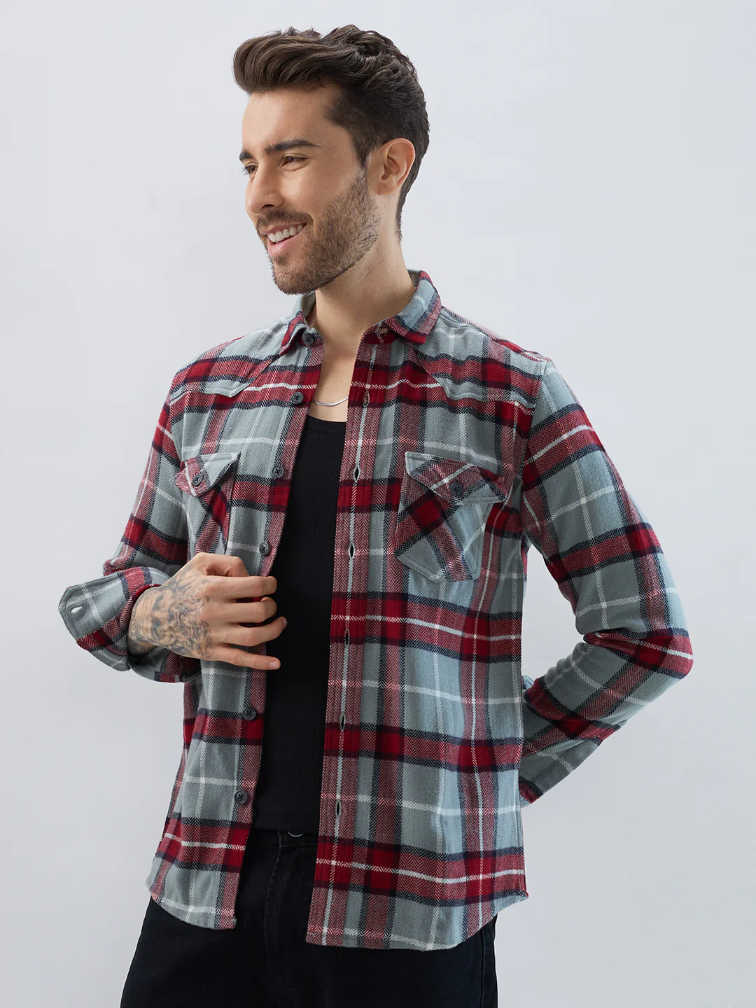 Grey & Red Tartan Checked Double Pocket Flannel - Image 6