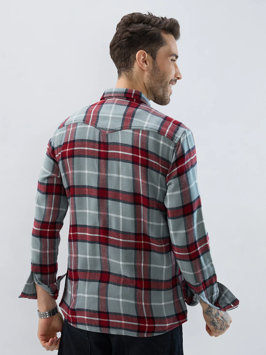 Grey & Red Tartan Checked Double Pocket Flannel - Image 7