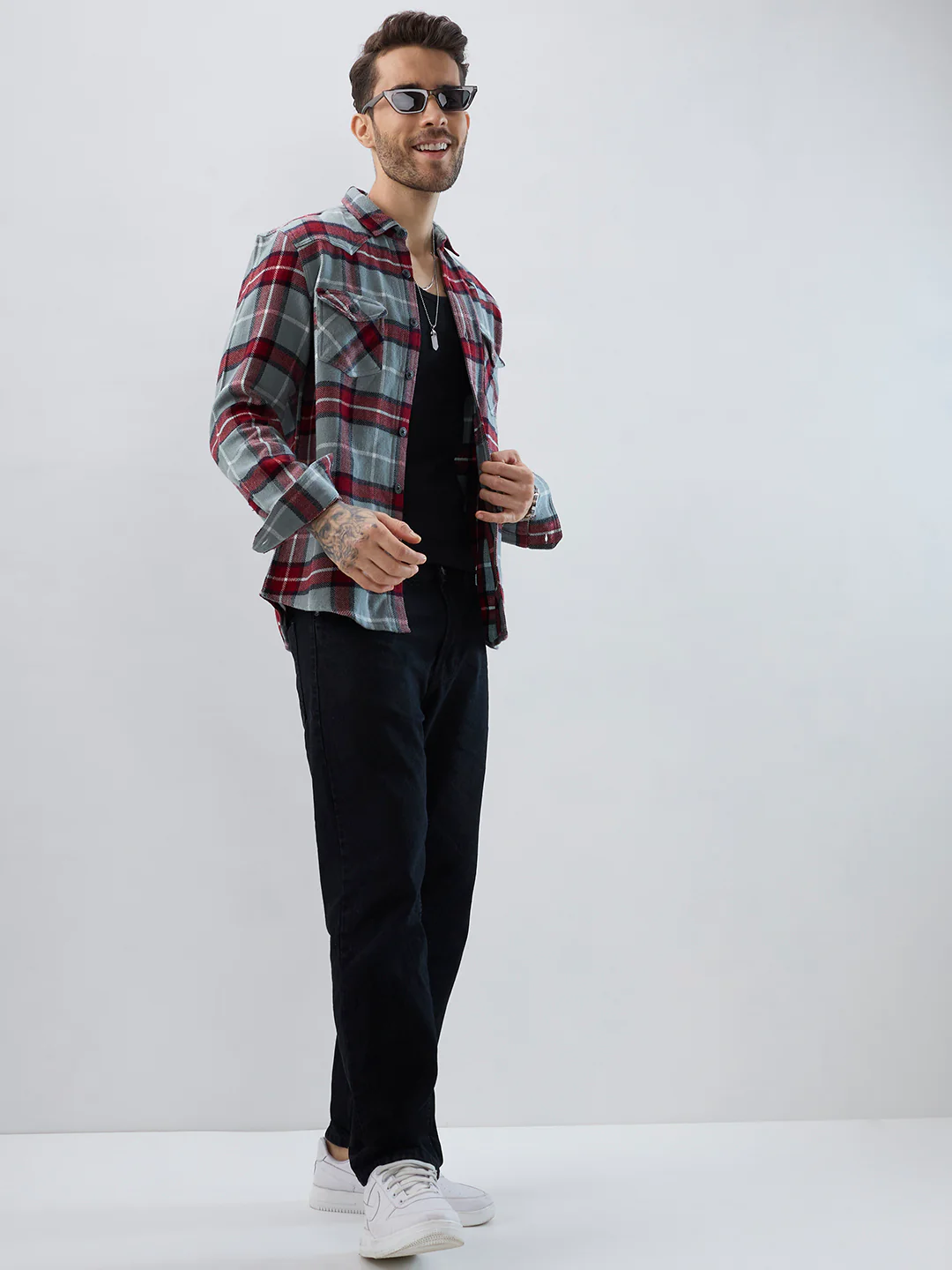 Grey & Red Tartan Checked Double Pocket Flannel - Image 8