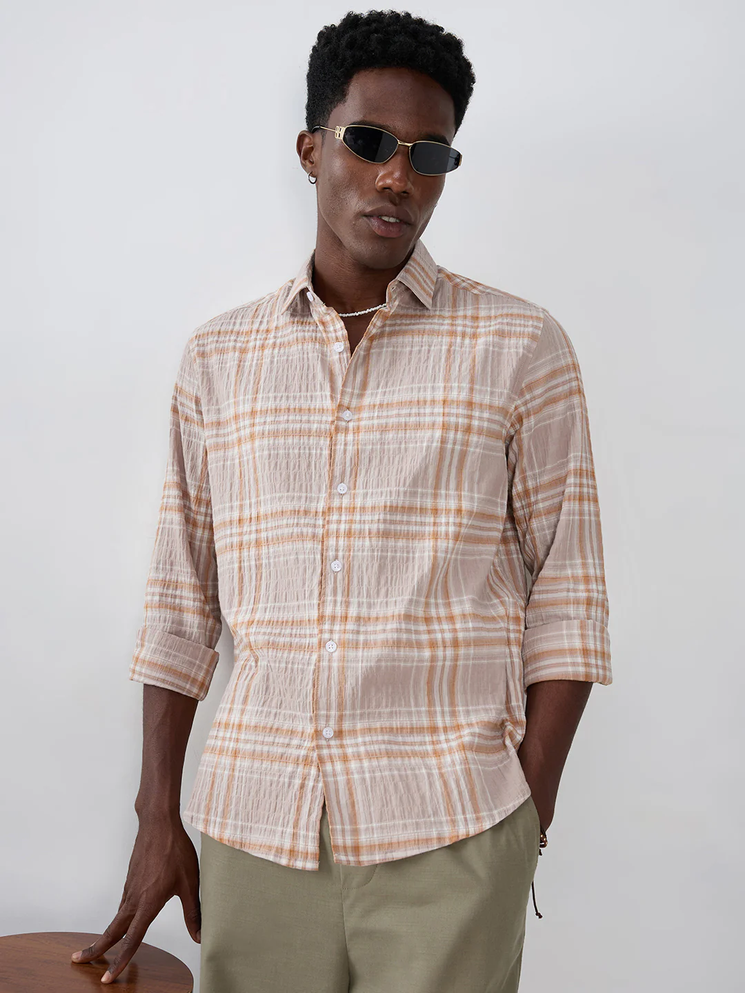 Grey & Rust Plaid Checks Crinkled Shirt - Image 2