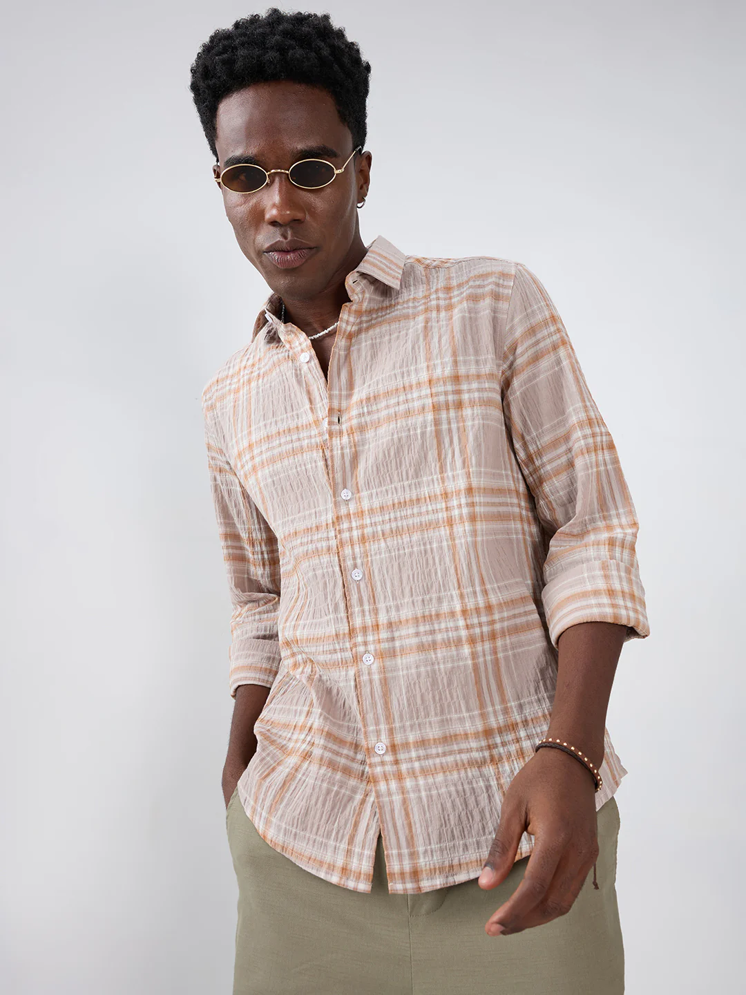 Grey & Rust Plaid Checks Crinkled Shirt - Image 4