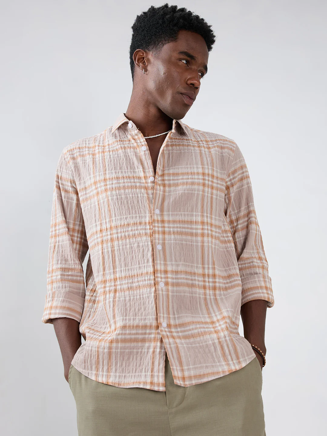 Grey & Rust Plaid Checks Crinkled Shirt - Image 5