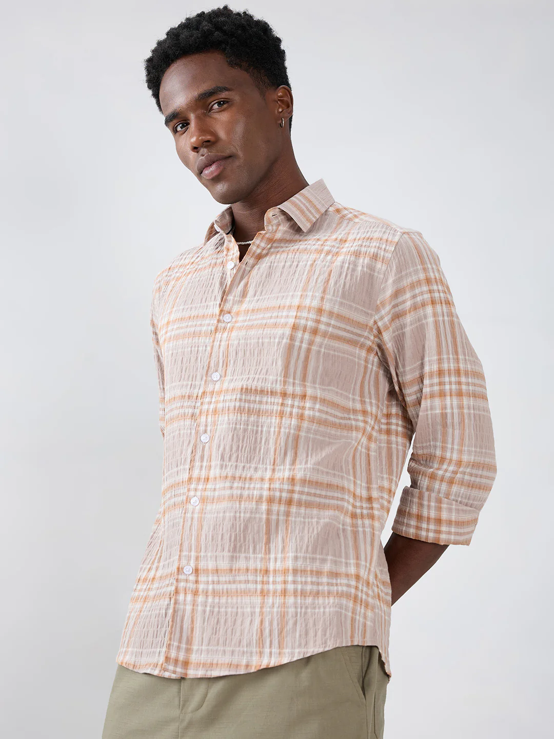 Grey & Rust Plaid Checks Crinkled Shirt - Image 6