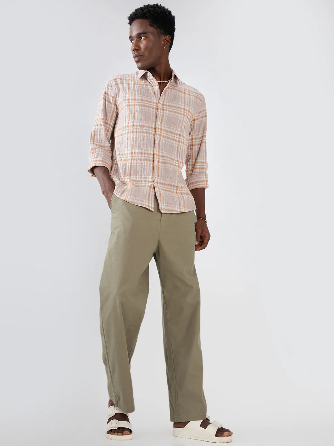 Grey & Rust Plaid Checks Crinkled Shirt - Image 8