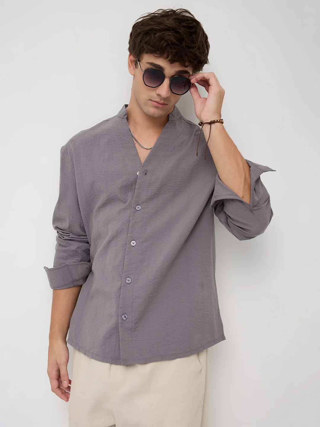 Grey Seersucker Striped Stand Collar Oversized Shirt - Image 2