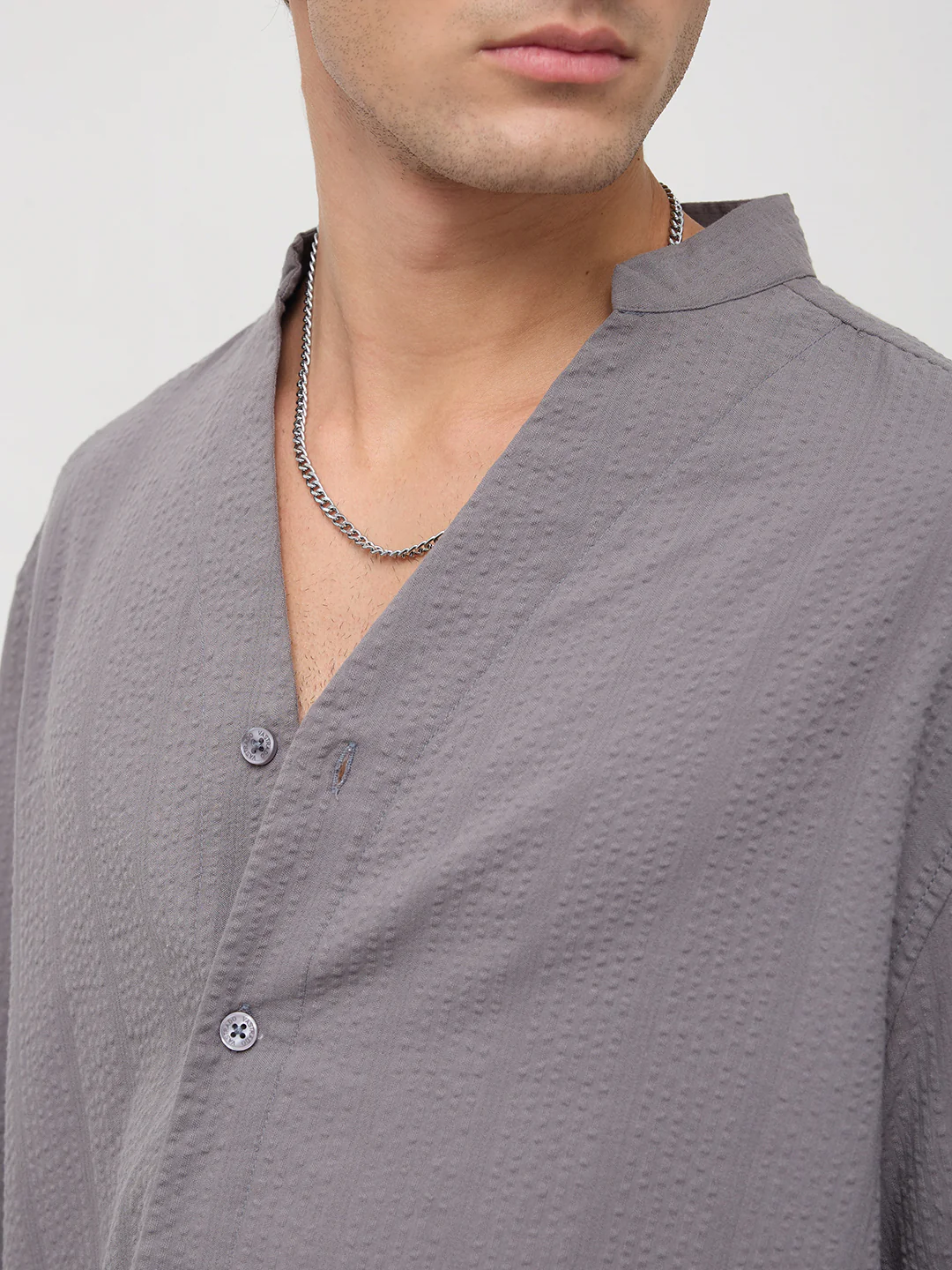 Grey Seersucker Striped Stand Collar Oversized Shirt - Image 3
