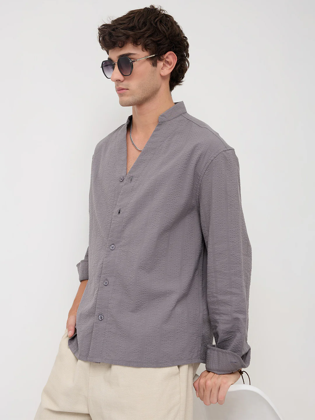 Grey Seersucker Striped Stand Collar Oversized Shirt - Image 4