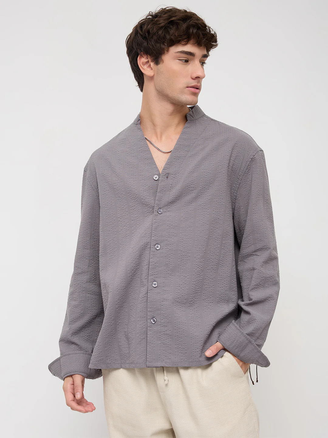 Grey Seersucker Striped Stand Collar Oversized Shirt - Image 5